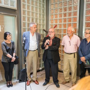 Ricardo Blanco, Presidente de la ANBA junto a Diana Wechsler, Directora del Departamento de Arte y Cultura de la Untref, Matilde Marín, Secretaria del Fundación Trabucco, Martín Kaufmann, Vicerrector de la Untref, Jorge Gamarra, miembro del jurado, Bastón Díaz, Presidente de la Fundación Trabucco y Rosa María Ravera, miembro del jurado.
