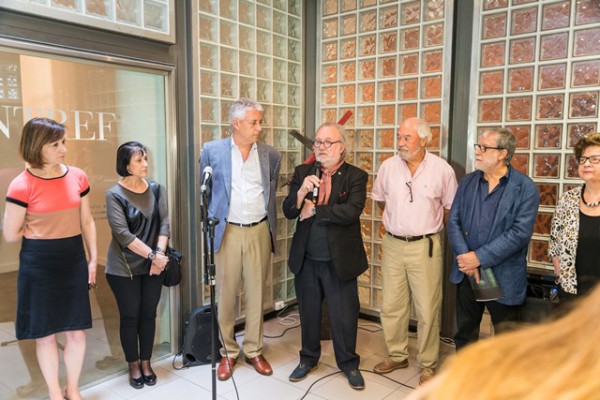 Ricardo Blanco, Presidente de la ANBA junto a Diana Wechsler, Directora del Departamento de Arte y Cultura de la Untref, Matilde Marín, Secretaria del Fundación Trabucco, Martín Kaufmann, Vicerrector de la Untref, Jorge Gamarra, miembro del jurado, Bastón Díaz, Presidente de la Fundación Trabucco y Rosa María Ravera, miembro del jurado.
